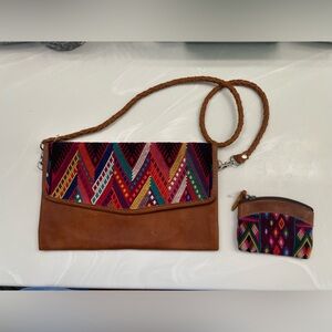 Nena & Co. Brown Leather shoulder Multicolor Geometric Panel w/coin pouch